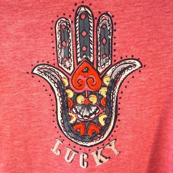 Lucky Brand Girls Top Sz M Pink Embroidered Hamsa Hand Long Sleeve Peplum Tee - Picture 2 of 7